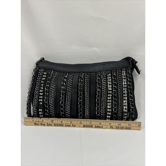 Cache Black Purse Clutch D For Shoulder Strap Zipper rhinestone chain embellish - Picture 6 of 12